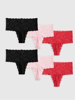 Quince Lace Thong 6-Pack in Black, Light Pink & Red